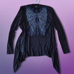 Y2K Black Rhinestone Wings Open Cardigan Womens Size S Fairy Goth Grunge